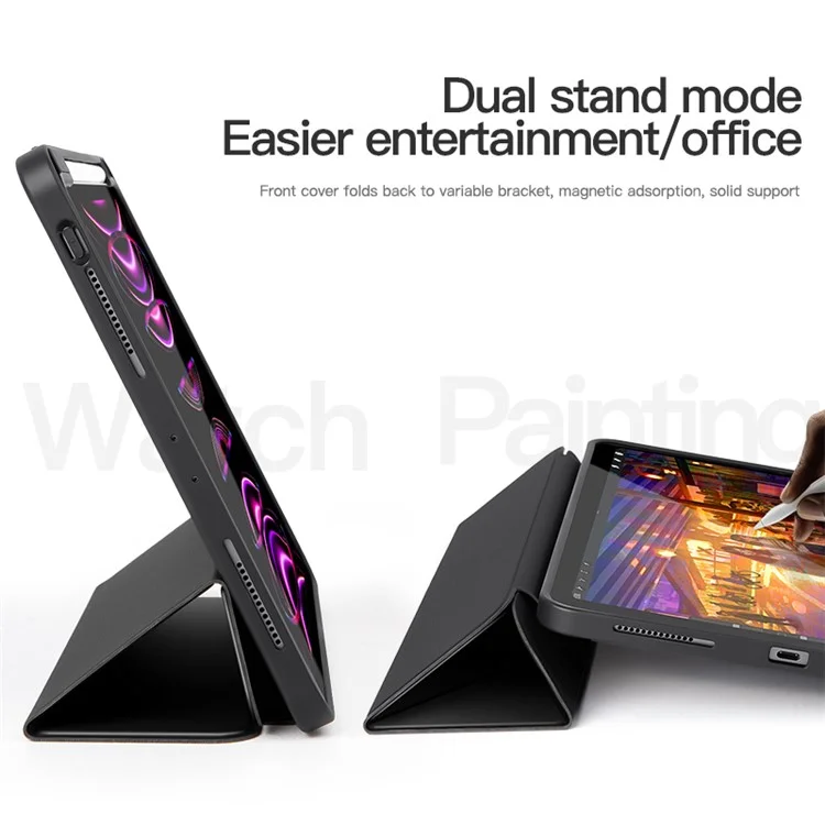 For iPad Pro 11 (2020) / (2021) / (2022) Shockproof Case PU Leather + TPU Tablet Case Tri-fold Stand Cover with Pen Slot - Black