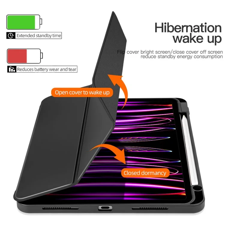 For iPad Pro 11 (2020) / (2021) / (2022) Shockproof Case PU Leather + TPU Tablet Case Tri-fold Stand Cover with Pen Slot - Black
