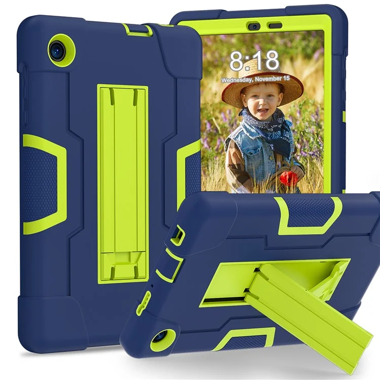 For TCL Tab 8 4G / Tab 8 LE (Model 9137W) / Tab 8 WiFi (Model 9132X) Kickstand Tablet Case Robot Style Silicone + PC Color Contrast Protective Cover - Navy Blue / Yellowgreen