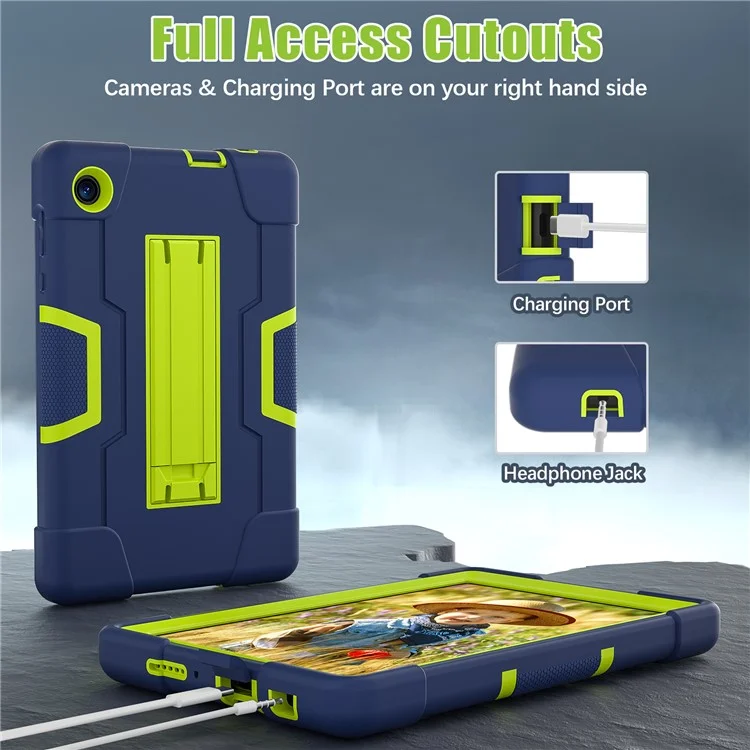 For TCL Tab 8 4G / Tab 8 LE (Model 9137W) / Tab 8 WiFi (Model 9132X) Kickstand Tablet Case Robot Style Silicone + PC Color Contrast Protective Cover - Navy Blue / Yellowgreen