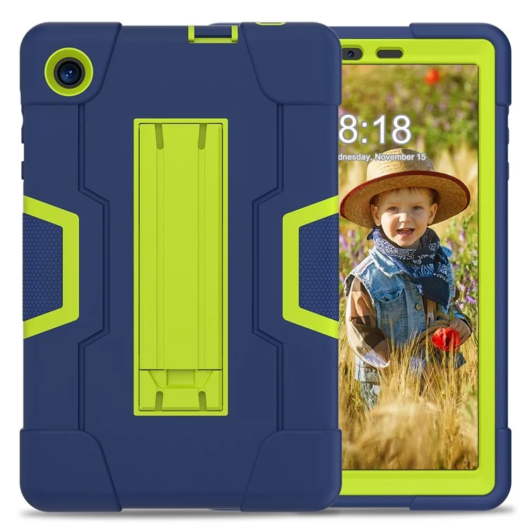 For TCL Tab 8 4G / Tab 8 LE (Model 9137W) / Tab 8 WiFi (Model 9132X) Kickstand Tablet Case Robot Style Silicone + PC Color Contrast Protective Cover - Navy Blue / Yellowgreen