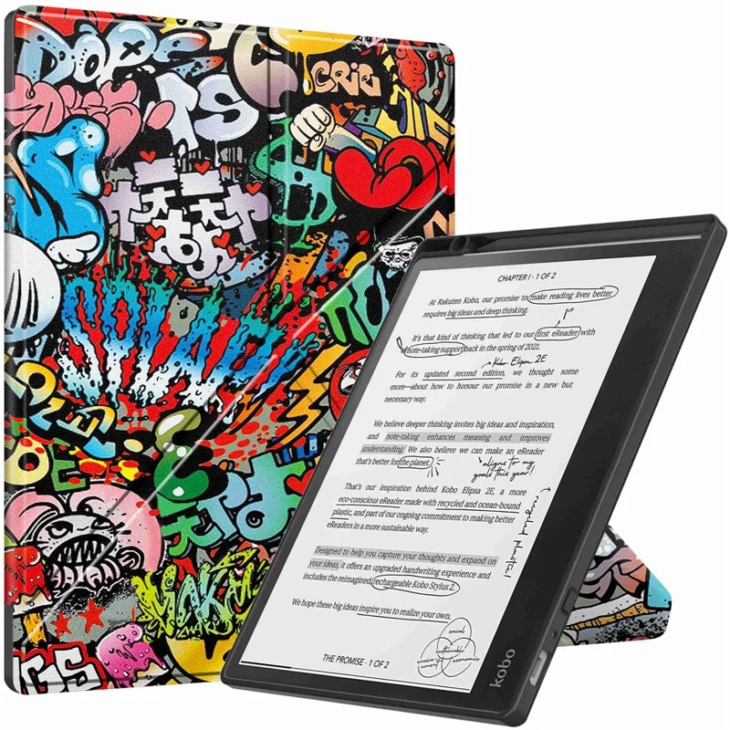For Kobo Elipsa 2E Origami Stand Case PU Leather Pattern Printing Ebook Reader Cover with Auto Wake / Sleep - Graffiti