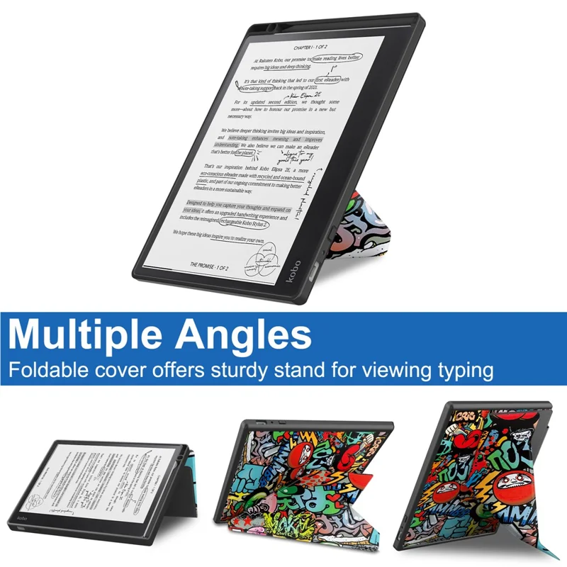 For Kobo Elipsa 2E Origami Stand Case PU Leather Pattern Printing Ebook Reader Cover with Auto Wake / Sleep - Graffiti