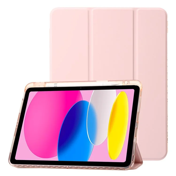 Для iPad 10.9 (2022) Tri-fold Stand Smart Case PU Leather Transparent Acrylic+TPU Tablet Cover - Pink