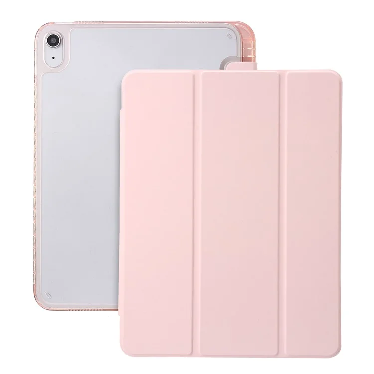 Для iPad 10.9 (2022) Tri-fold Stand Smart Case PU Leather Transparent Acrylic+TPU Tablet Cover - Pink