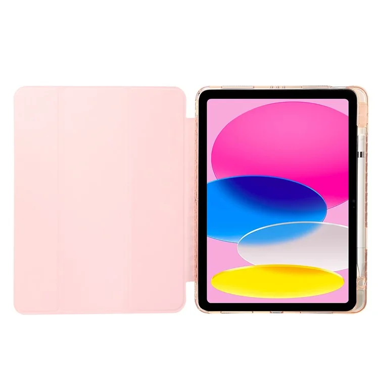 Для iPad 10.9 (2022) Tri-fold Stand Smart Case PU Leather Transparent Acrylic+TPU Tablet Cover - Pink