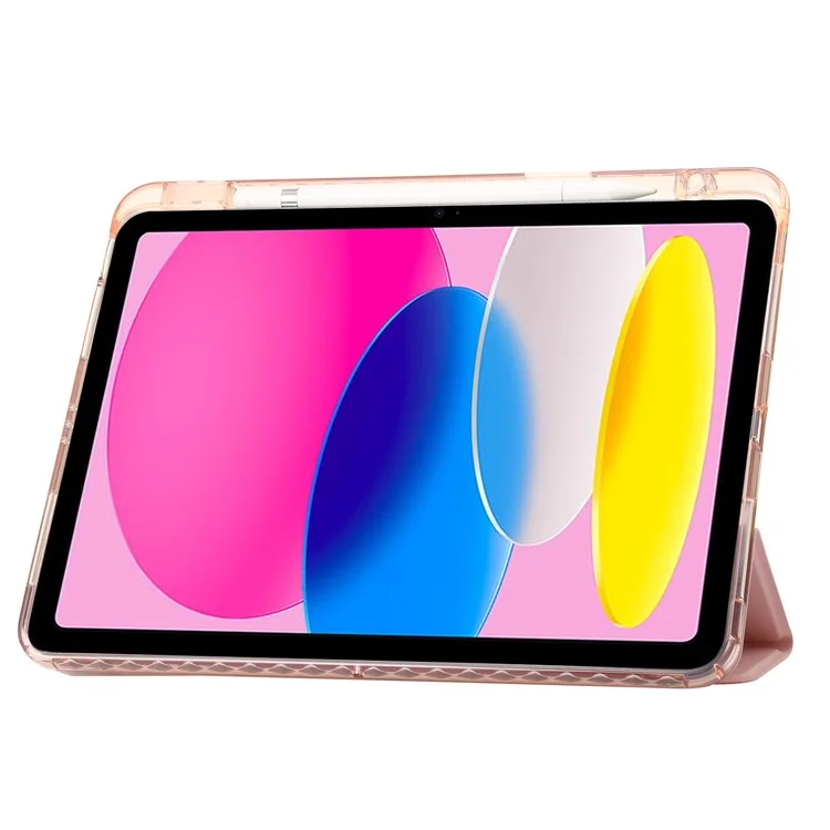 Для iPad 10.9 (2022) Tri-fold Stand Smart Case PU Leather Transparent Acrylic+TPU Tablet Cover - Pink
