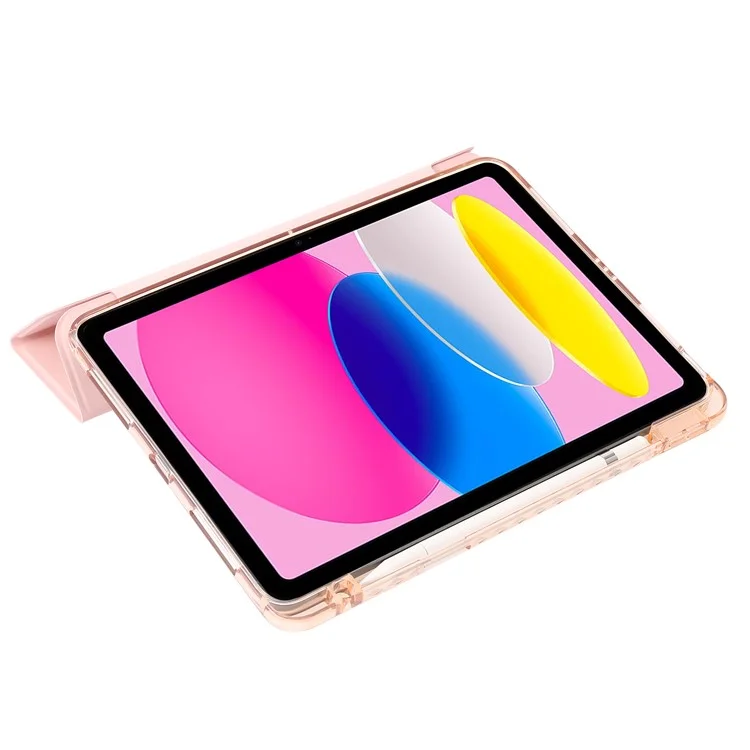 Для iPad 10.9 (2022) Tri-fold Stand Smart Case PU Leather Transparent Acrylic+TPU Tablet Cover - Pink