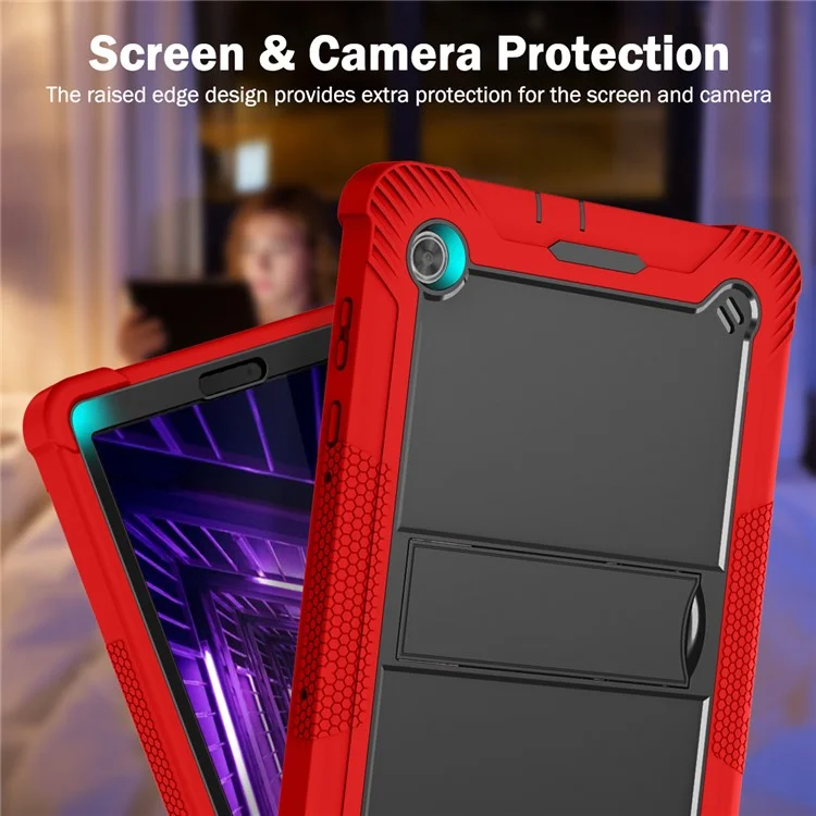 For Lenovo Tab M10 Plus TB-X606 Kickstand Shockproof Cover Silicone + PC Tablet Case - Red+Black