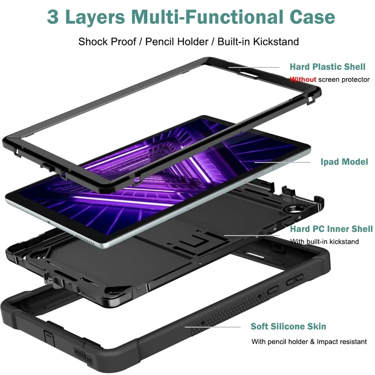 For Lenovo Tab M10 Plus TB-X606 Kickstand Shockproof Cover Silicone + PC Tablet Case - Black