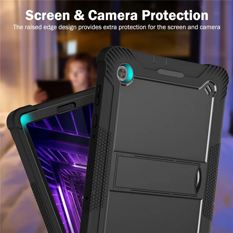 For Lenovo Tab M10 Plus TB-X606 Kickstand Shockproof Cover Silicone + PC Tablet Case - Black