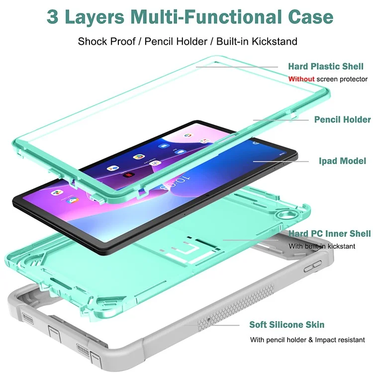For Lenovo Tab M10 Plus (3rd Gen) / Xiaoxin Pad 2022 10.6 inch Anti-Scratch Tablet Cover Kickstand Silicone + PC Case Shell - Grey+Mint Green