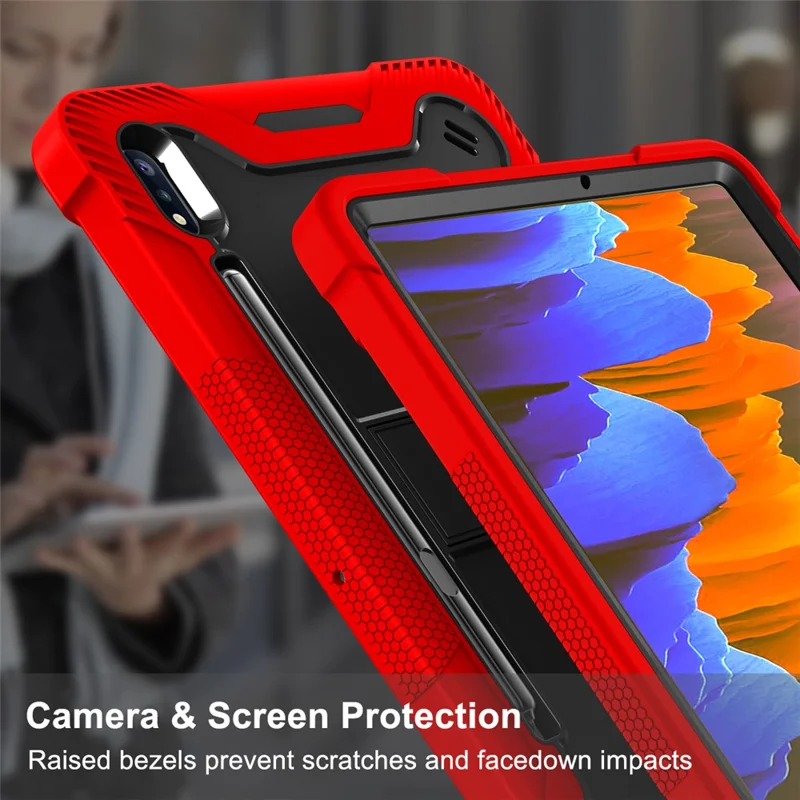 For Samsung Galaxy Tab S8 Ultra Kickstand Tablet Case Silicone + PC Shockproof Cover - Red+Black