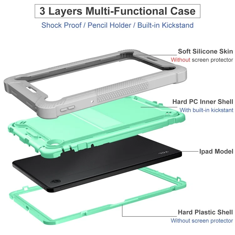 Per TCL Tab 10 5G Custodia in Silicone + PC per Tablet Supporto Antiurto - Grigio+Verde Menta