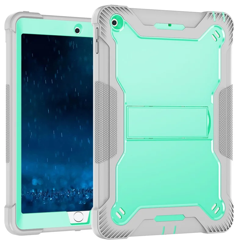 For iPad 9.7-inch (2017) / (2018) Tablet Case 3-in-1 Heavy Duty Silicone + PC Kickstand Cover - Grey+Mint Green