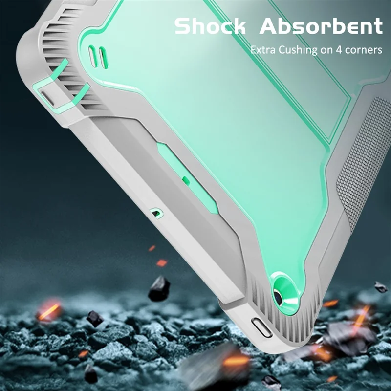 For iPad 9.7-inch (2017) / (2018) Tablet Case 3-in-1 Heavy Duty Silicone + PC Kickstand Cover - Grey+Mint Green