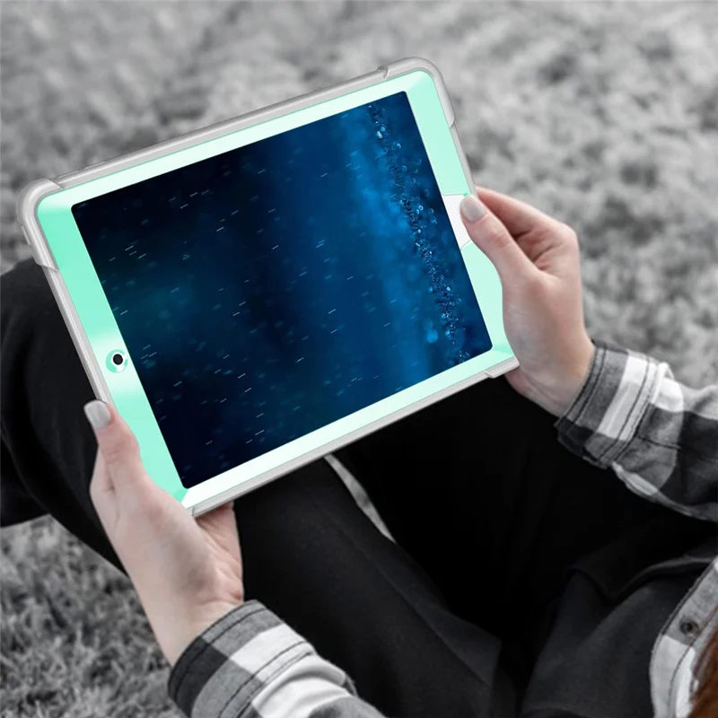 For iPad 9.7-inch (2017) / (2018) Tablet Case 3-in-1 Heavy Duty Silicone + PC Kickstand Cover - Grey+Mint Green