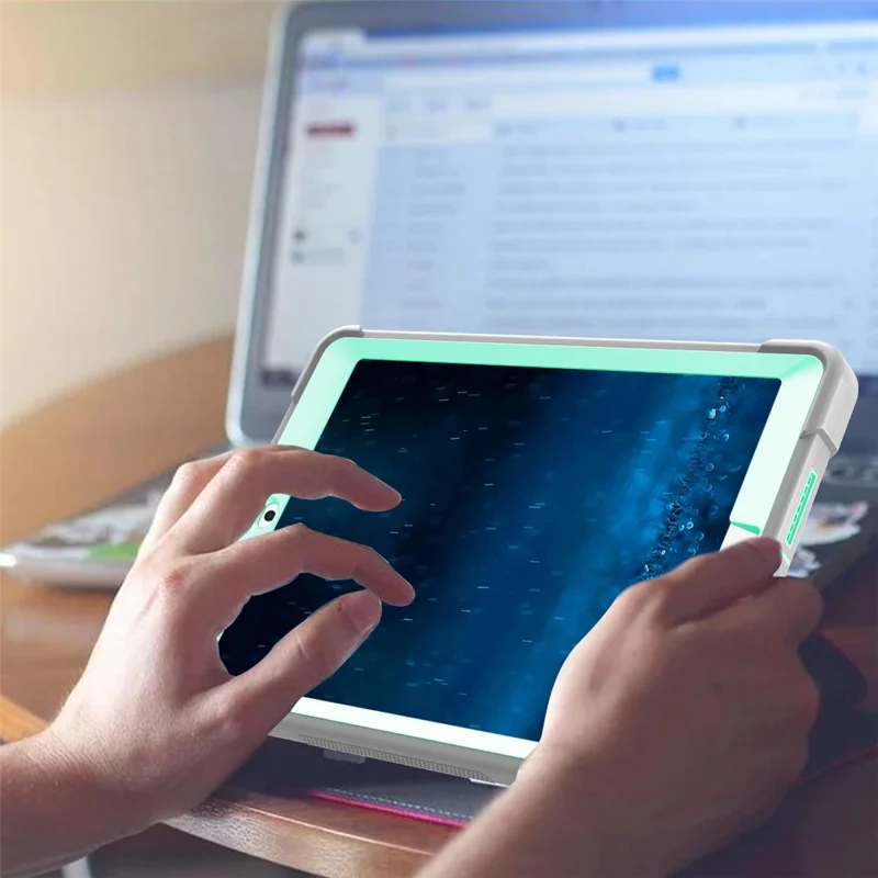 For iPad 9.7-inch (2017) / (2018) Tablet Case 3-in-1 Heavy Duty Silicone + PC Kickstand Cover - Grey+Mint Green