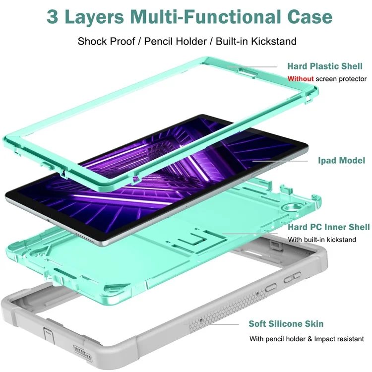 Pour Lenovo Tab M10 Plus Kickstand Tablet Case Silicone + PC Rugged Kids Protective Cover - Gris+Vert Menthe
