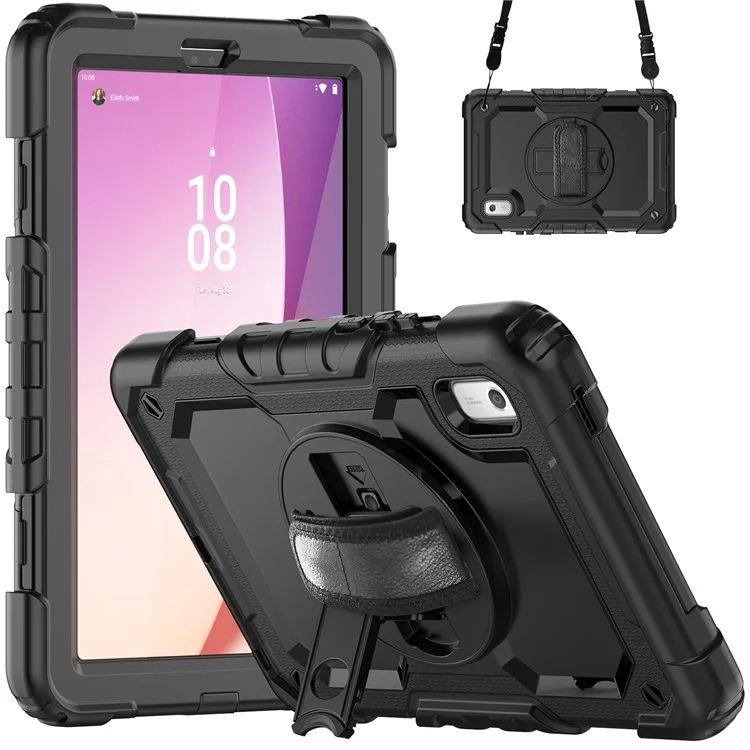 Kickstand-Tablet-Hülle für Lenovo Tab M9 / K9 9" TB310 2023 Handschlaufe Silikon+PC Tablet-Abdeckung mit Schultergurt PET-Bildschirmschutzfolie - Schwarz