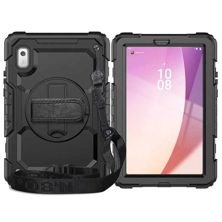 Kickstand-Tablet-Hülle für Lenovo Tab M9 / K9 9" TB310 2023 Handschlaufe Silikon+PC Tablet-Abdeckung mit Schultergurt PET-Bildschirmschutzfolie - Schwarz