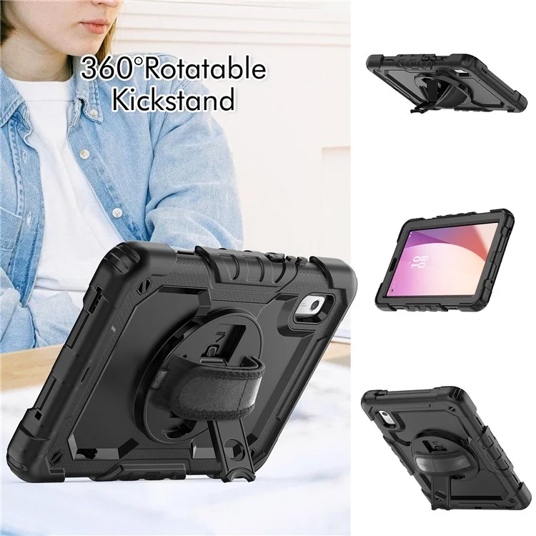 Kickstand-Tablet-Hülle für Lenovo Tab M9 / K9 9" TB310 2023 Handschlaufe Silikon+PC Tablet-Abdeckung mit Schultergurt PET-Bildschirmschutzfolie - Schwarz