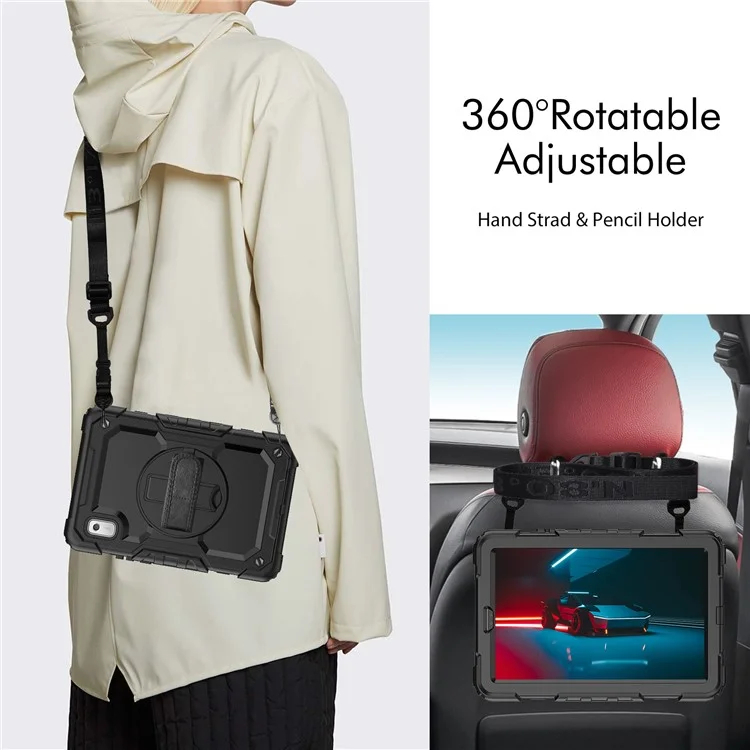 Kickstand-Tablet-Hülle für Lenovo Tab M9 / K9 9" TB310 2023 Handschlaufe Silikon+PC Tablet-Abdeckung mit Schultergurt PET-Bildschirmschutzfolie - Schwarz