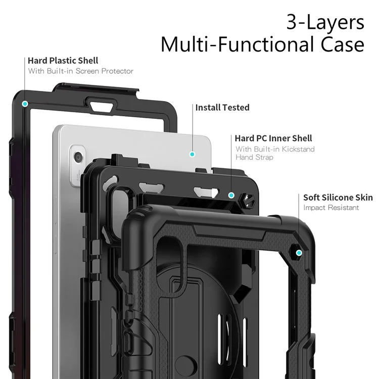 Kickstand-Tablet-Hülle für Lenovo Tab M9 / K9 9" TB310 2023 Handschlaufe Silikon+PC Tablet-Abdeckung mit Schultergurt PET-Bildschirmschutzfolie - Schwarz