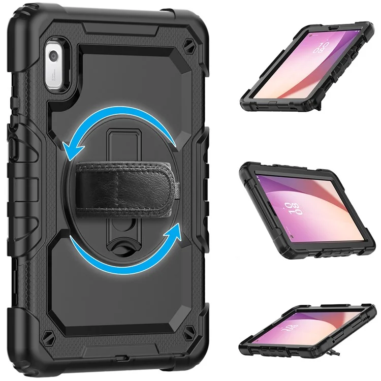 Kickstand-Tablet-Hülle für Lenovo Tab M9 / K9 9" TB310 2023 Handschlaufe Silikon+PC Tablet-Abdeckung mit Schultergurt PET-Bildschirmschutzfolie - Schwarz