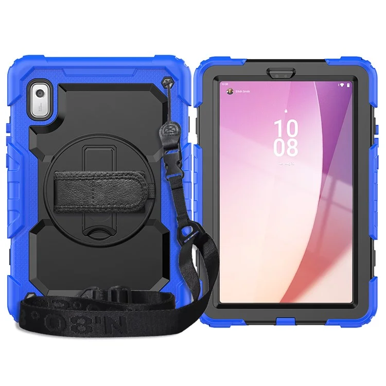 Kickstand Tablet-Hülle für Lenovo Tab M9 / K9 9" TB310 2023 Handschlaufe Silikon+PC Tablet-Cover mit Schultergurt PET-Bildschirmschutzfolie - Dunkelblau