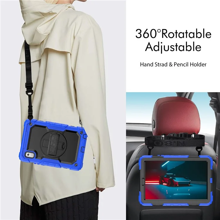 Kickstand Tablet-Hülle für Lenovo Tab M9 / K9 9" TB310 2023 Handschlaufe Silikon+PC Tablet-Cover mit Schultergurt PET-Bildschirmschutzfolie - Dunkelblau