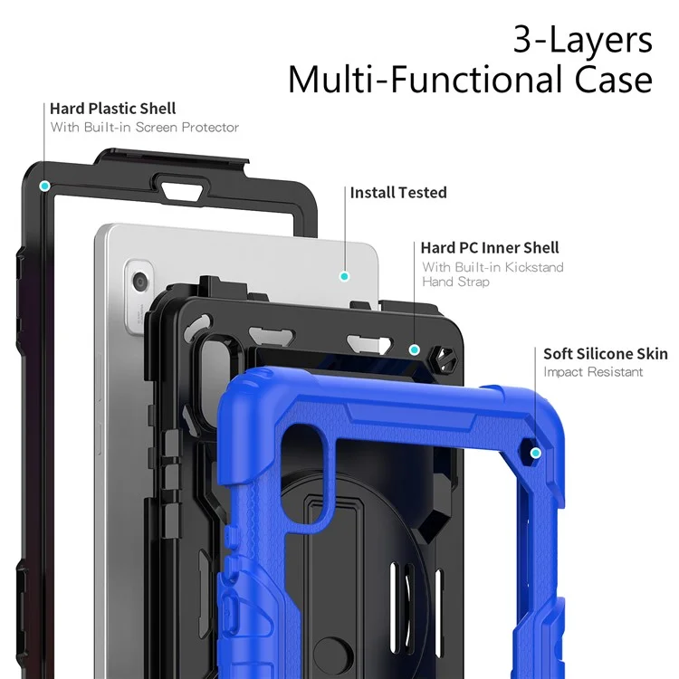 Kickstand Tablet-Hülle für Lenovo Tab M9 / K9 9" TB310 2023 Handschlaufe Silikon+PC Tablet-Cover mit Schultergurt PET-Bildschirmschutzfolie - Dunkelblau