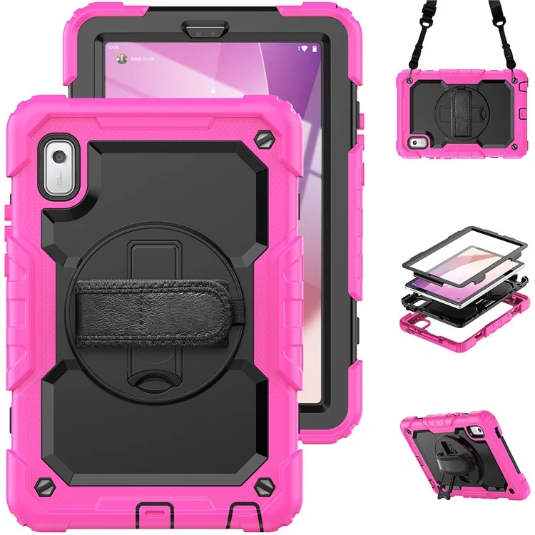 Étui pour tablette Kickstand pour Lenovo Tab M9 / K9 9" TB310 2023 avec sangle à main en silicone+PC, étui de transport avec sangle pour l'épaule et film de protection d'écran en PET - Rose