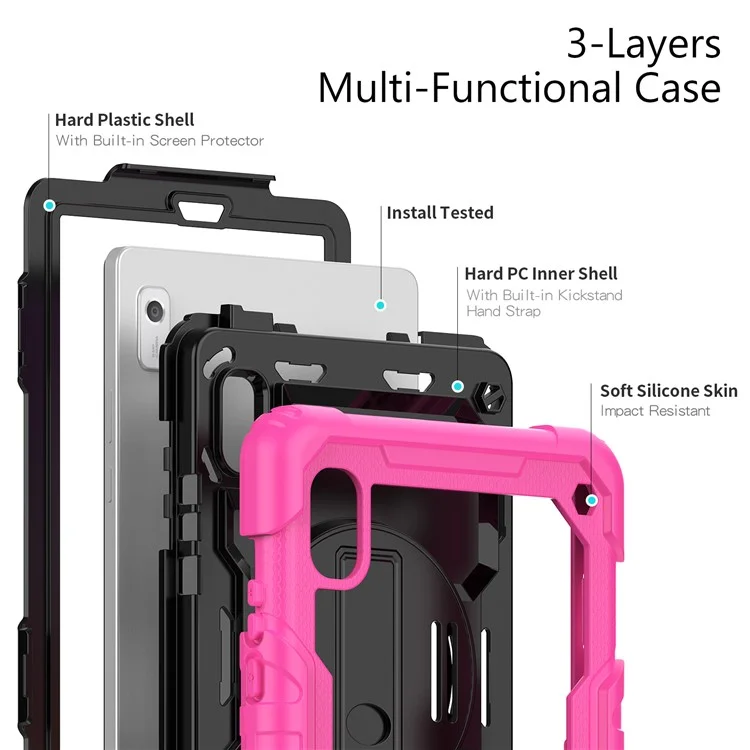 Étui pour tablette Kickstand pour Lenovo Tab M9 / K9 9" TB310 2023 avec sangle à main en silicone+PC, étui de transport avec sangle pour l'épaule et film de protection d'écran en PET - Rose