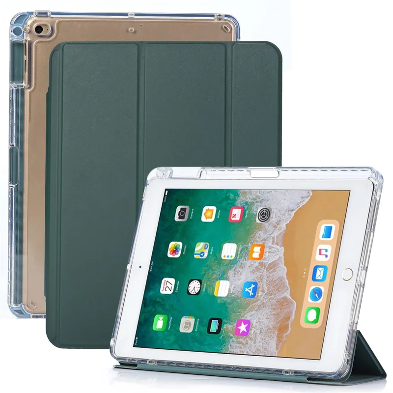 Para iPad 9.7 pulgadas (2017) / (2018) / iPad Pro 9.7 pulgadas (2016) Funda para Tableta Estuche de Cuero PU Trifold Stand Tapa Inteligente con Hebilla de Bloqueo Pequeña - Verde Medianoche