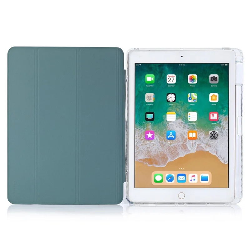 Para iPad 9.7 pulgadas (2017) / (2018) / iPad Pro 9.7 pulgadas (2016) Funda para Tableta Estuche de Cuero PU Trifold Stand Tapa Inteligente con Hebilla de Bloqueo Pequeña - Verde Medianoche