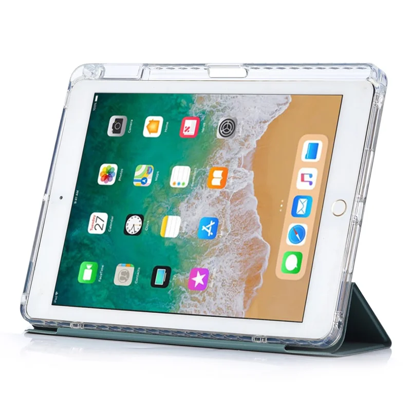 Para iPad 9.7 pulgadas (2017) / (2018) / iPad Pro 9.7 pulgadas (2016) Funda para Tableta Estuche de Cuero PU Trifold Stand Tapa Inteligente con Hebilla de Bloqueo Pequeña - Verde Medianoche