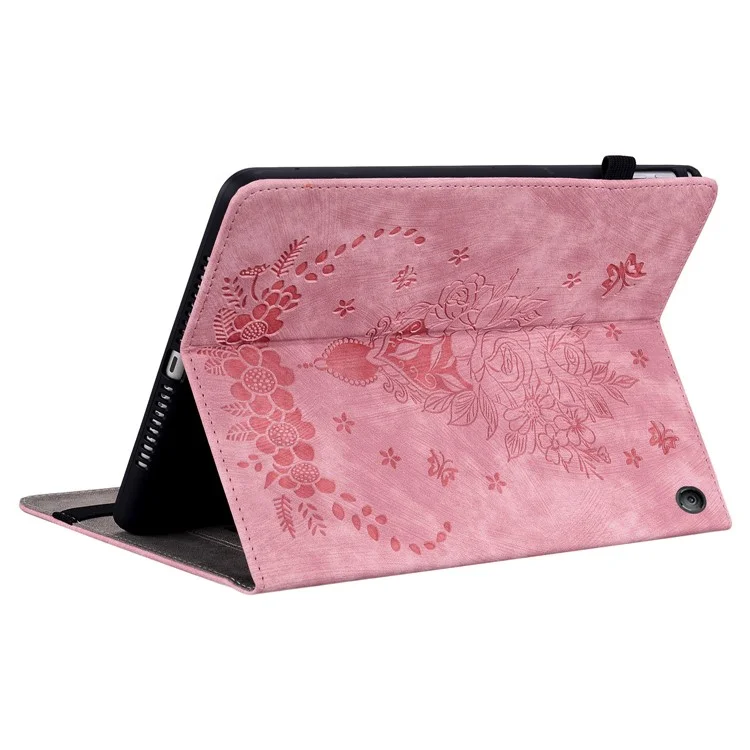 For Amazon Fire 7 (2022) PU Leather Stand Cover Butterfly Rose Imprinted Anti-drop Tablet Case with Card Slots - Pink