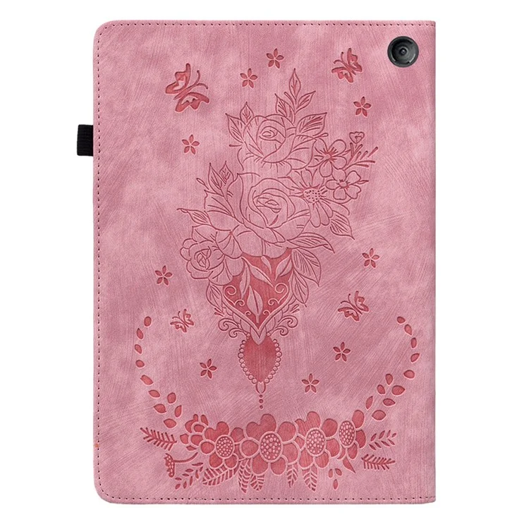 For Amazon Fire 7 (2022) PU Leather Stand Cover Butterfly Rose Imprinted Anti-drop Tablet Case with Card Slots - Pink