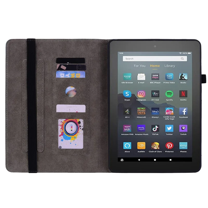 For Amazon Fire 7 (2022) PU Leather Stand Cover Butterfly Rose Imprinted Anti-drop Tablet Case with Card Slots - Blue