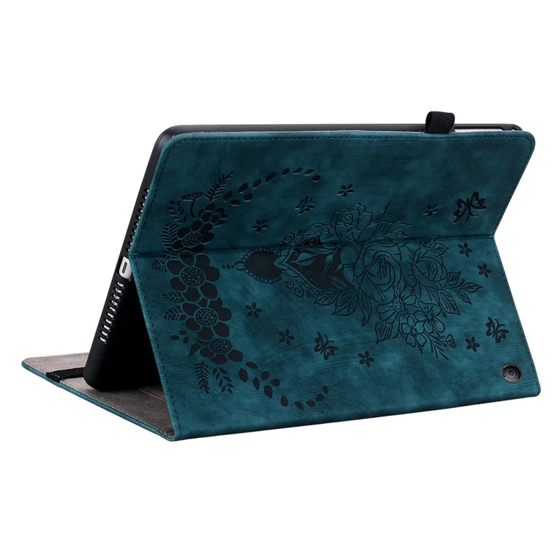 For Amazon Fire 7 (2022) PU Leather Stand Cover Butterfly Rose Imprinted Anti-drop Tablet Case with Card Slots - Blue