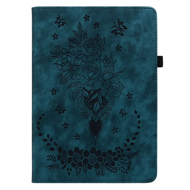 For Amazon Fire 7 (2022) PU Leather Stand Cover Butterfly Rose Imprinted Anti-drop Tablet Case with Card Slots - Blue
