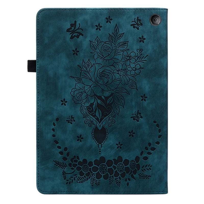 For Amazon Fire 7 (2022) PU Leather Stand Cover Butterfly Rose Imprinted Anti-drop Tablet Case with Card Slots - Blue