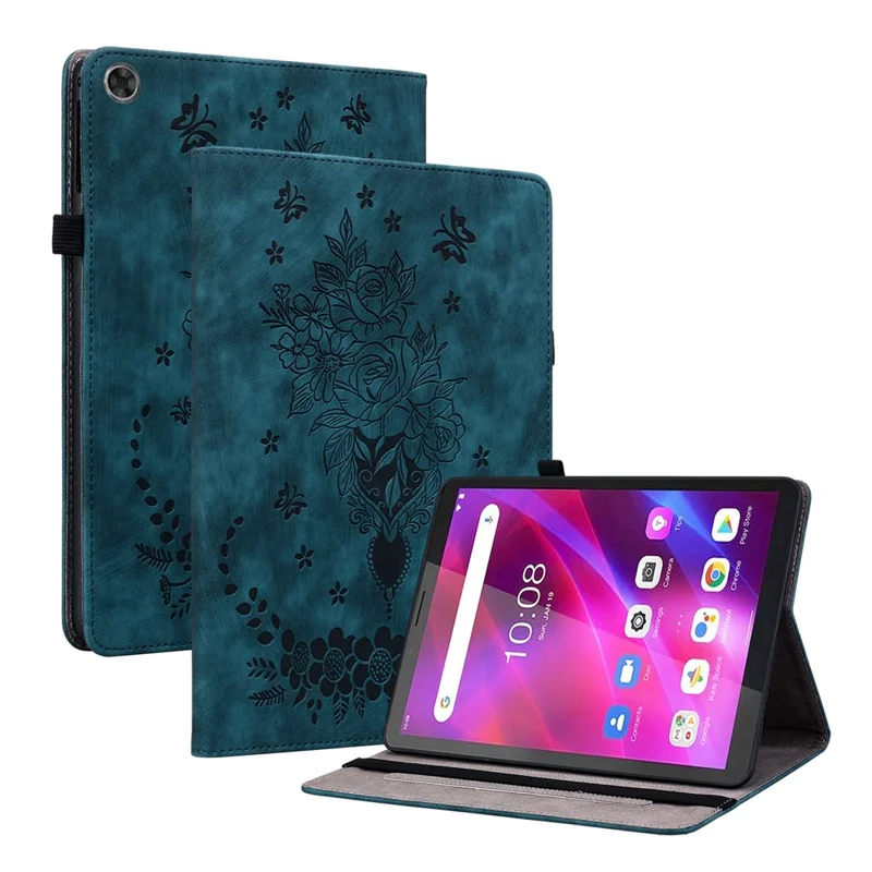 PU Leather Case for Lenovo Tab M7 (3rd Gen) Anti-drop Imprinted Tablet Stand Cover with Pen Holder - Blue