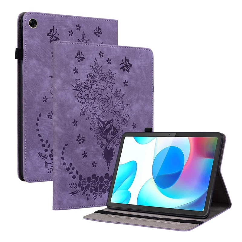 Imprinted PU Leather Tablet Cover for Realme Pad , Card Slots Stand Tablet Protective Case - Purple