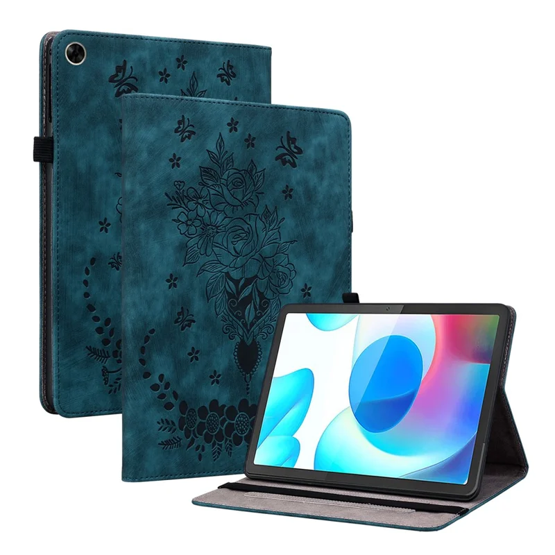 Ingeprest tabletcover van PU-leer voor Realme Pad, beschermhoes met kaartslots en standaard - Blauw