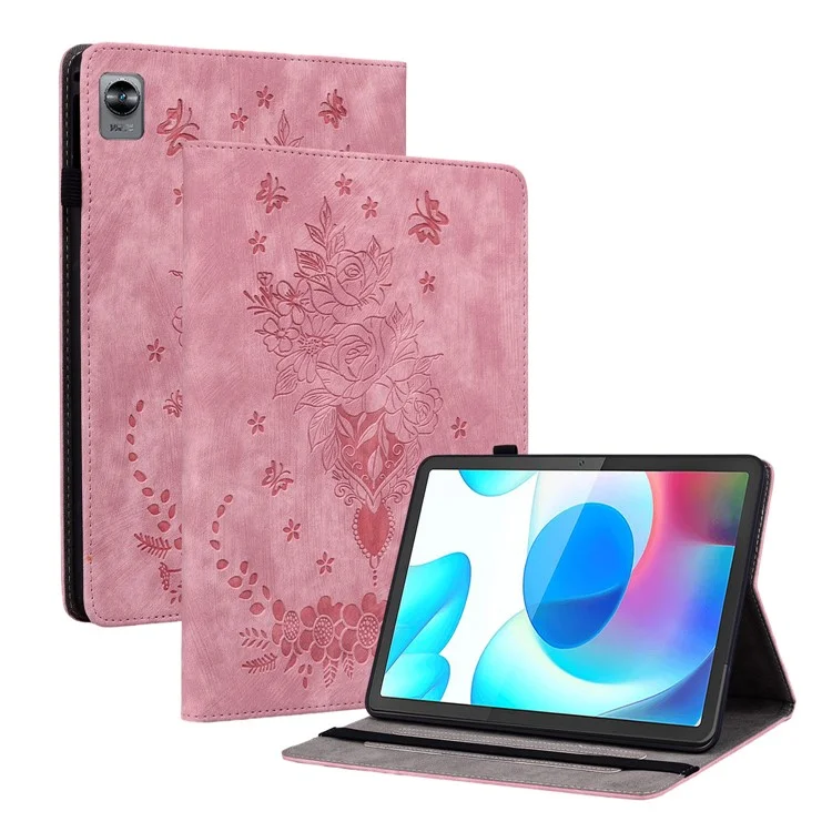 Coque Etui pour Realme Pad Mini avec Emplacements pour Cartes, Cuir PU Imprimé, Support Réglable, Protection Complète - Rose