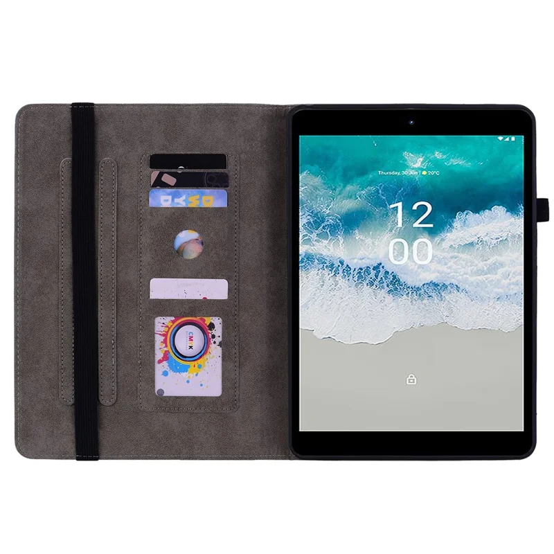 Stand Tablet Case for Nokia T10 , Card Slots Imprinted PU Leather Anti-drop Tablet Cover - Rose