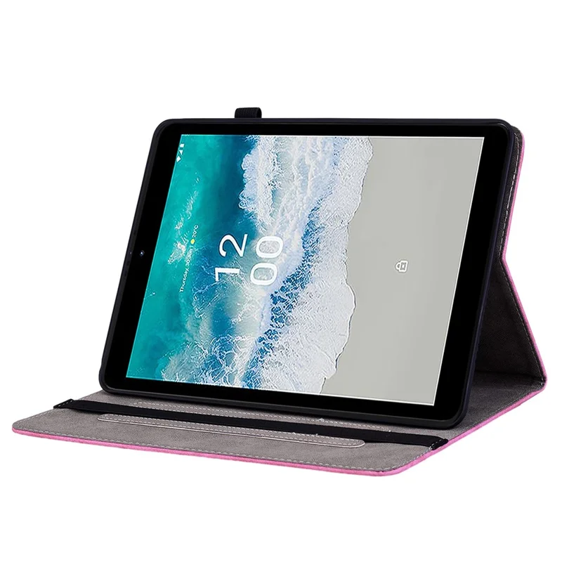 Stand Tablet Case for Nokia T10 , Card Slots Imprinted PU Leather Anti-drop Tablet Cover - Rose
