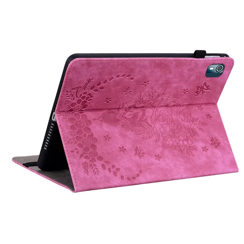 Stand Tablet Case for Nokia T10 , Card Slots Imprinted PU Leather Anti-drop Tablet Cover - Rose